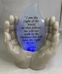 Collections Etc. Light Up Hands W/ John 8:12 Bible Verse Flame - Batt Operated Used. Price: $39.99.